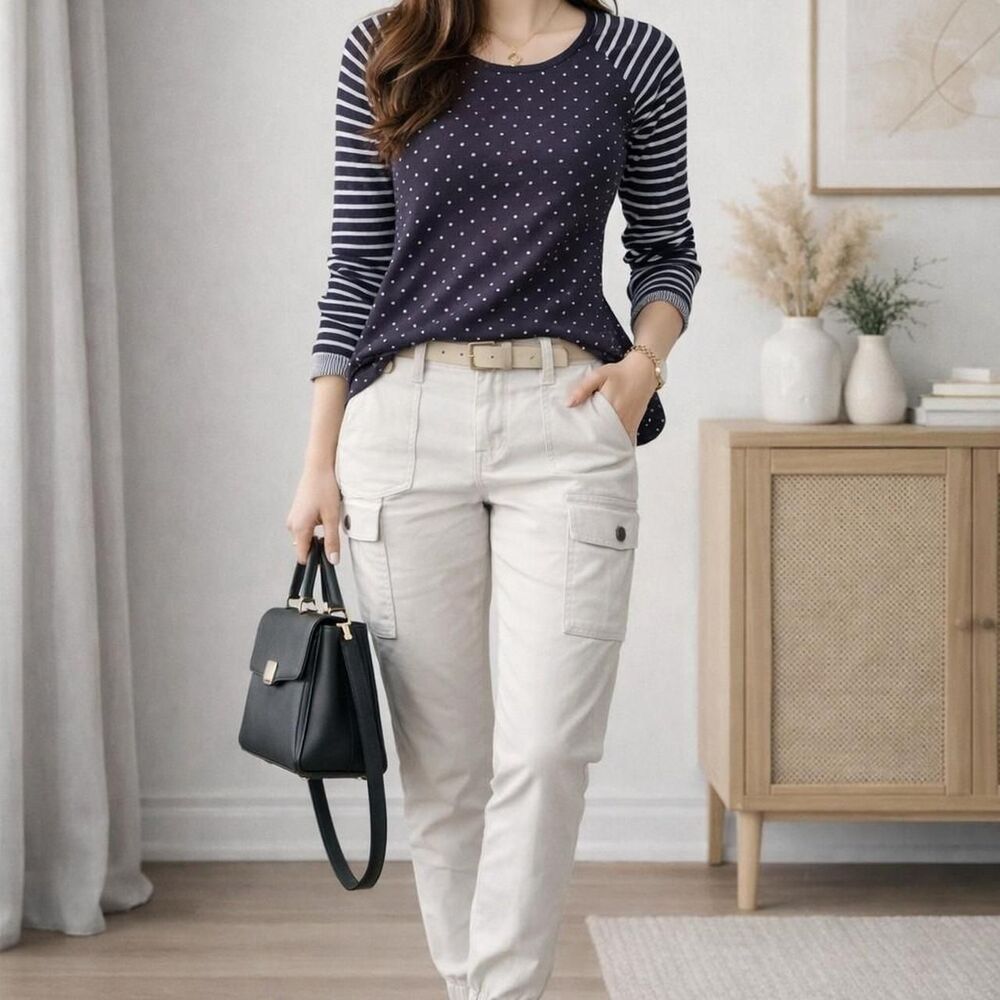 Striped polka dots Shirt medium and white  cargo pants size  9/29  BUNDLE